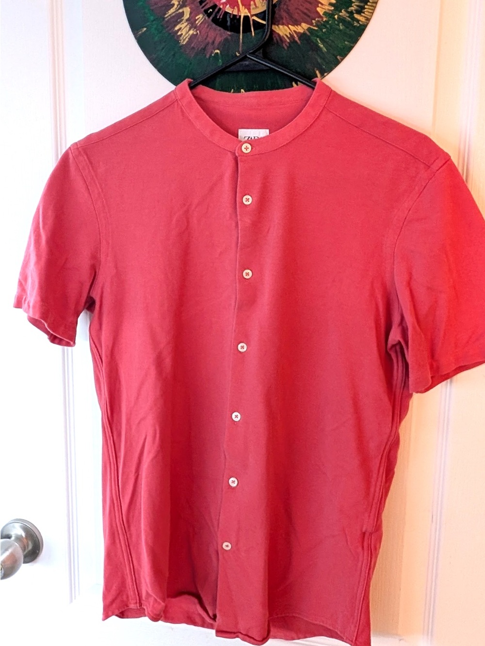 Men's Short-Sleeve Button Front Shirt in Coral Red